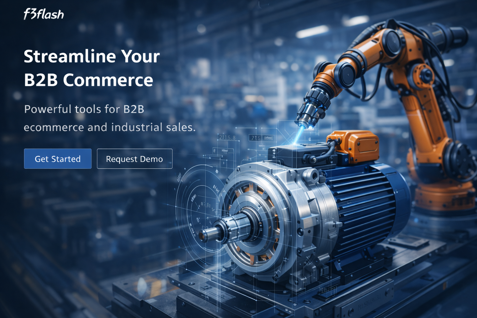 Industrial B2B ecommerce platform hero image with robotic arm and electric motor